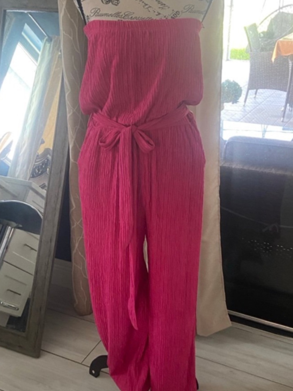 Strapless Fuchsia Tie-Waist Jumpsuit with Wide Leg